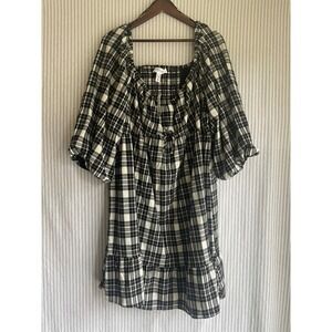 Addition Elle Black White Plaid Smocked Babydoll Dress Plus 3X New With Tags